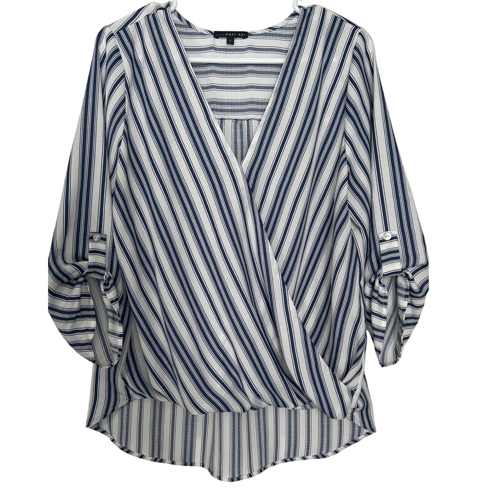 West Kei Women L Blouse Navy Blue White Stripe Wrap Front Top Roll Tab Sleeves